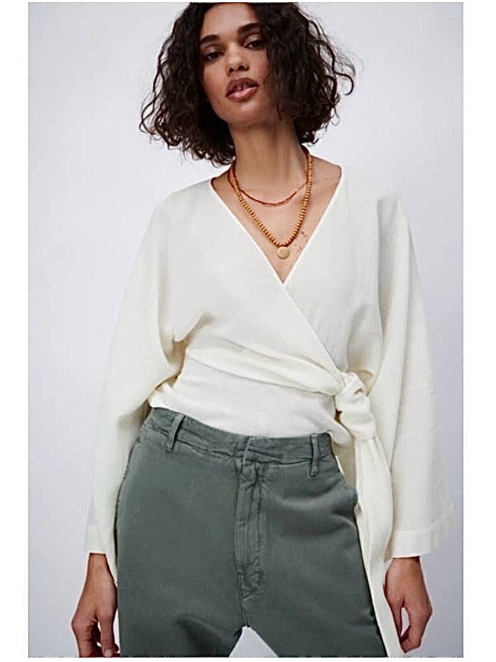 Zara wool blend v-neck belted cream kimono sleeve wrap top sz.S